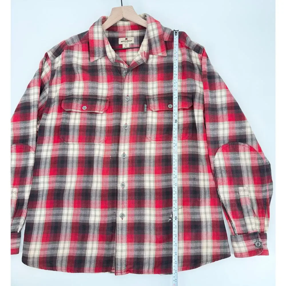 Woolrich Mens XL Flannel Shirt Red Black Plaid Heavy Cotton Elbow Patches FLAWED - Picture 12 of 15